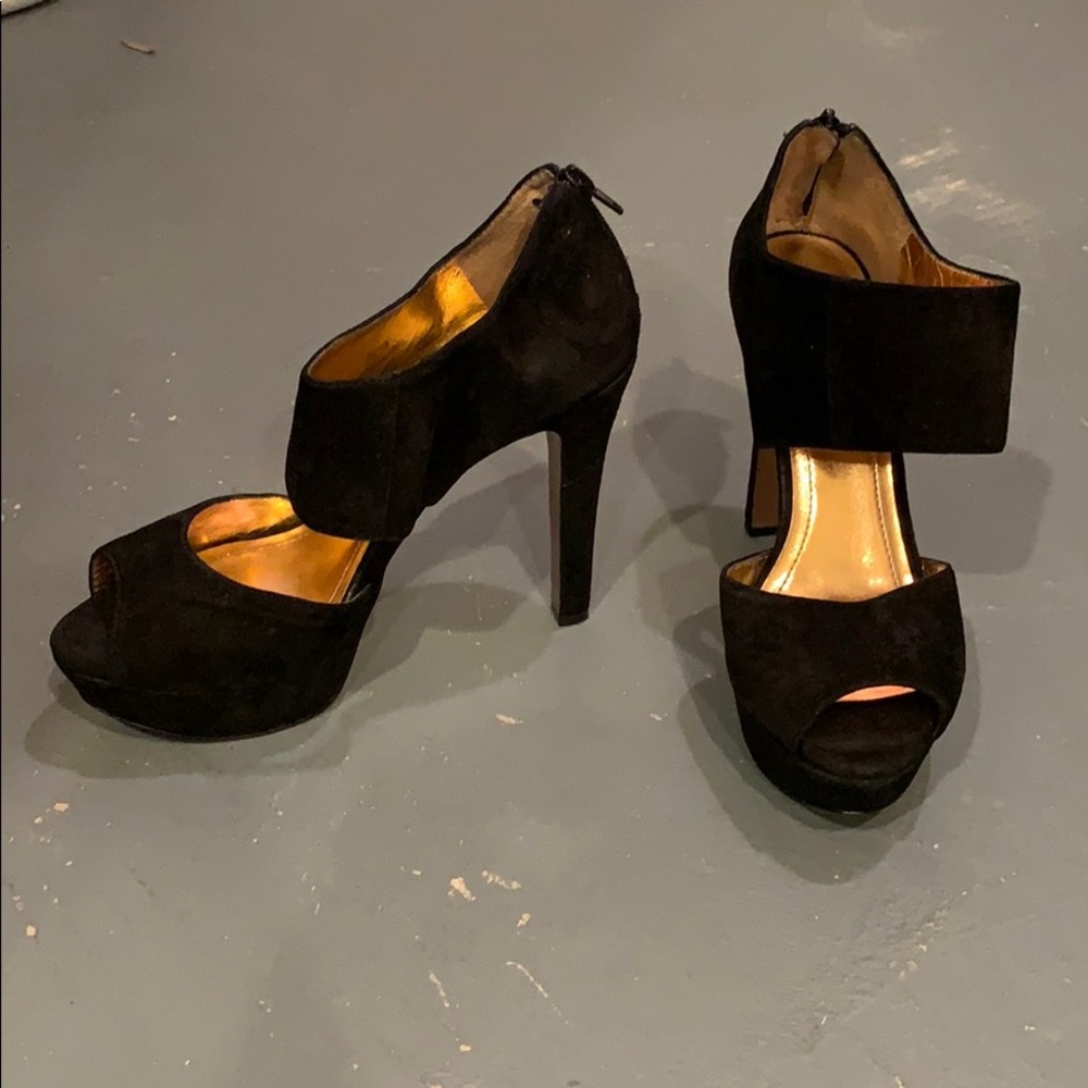 Black suede platform heels